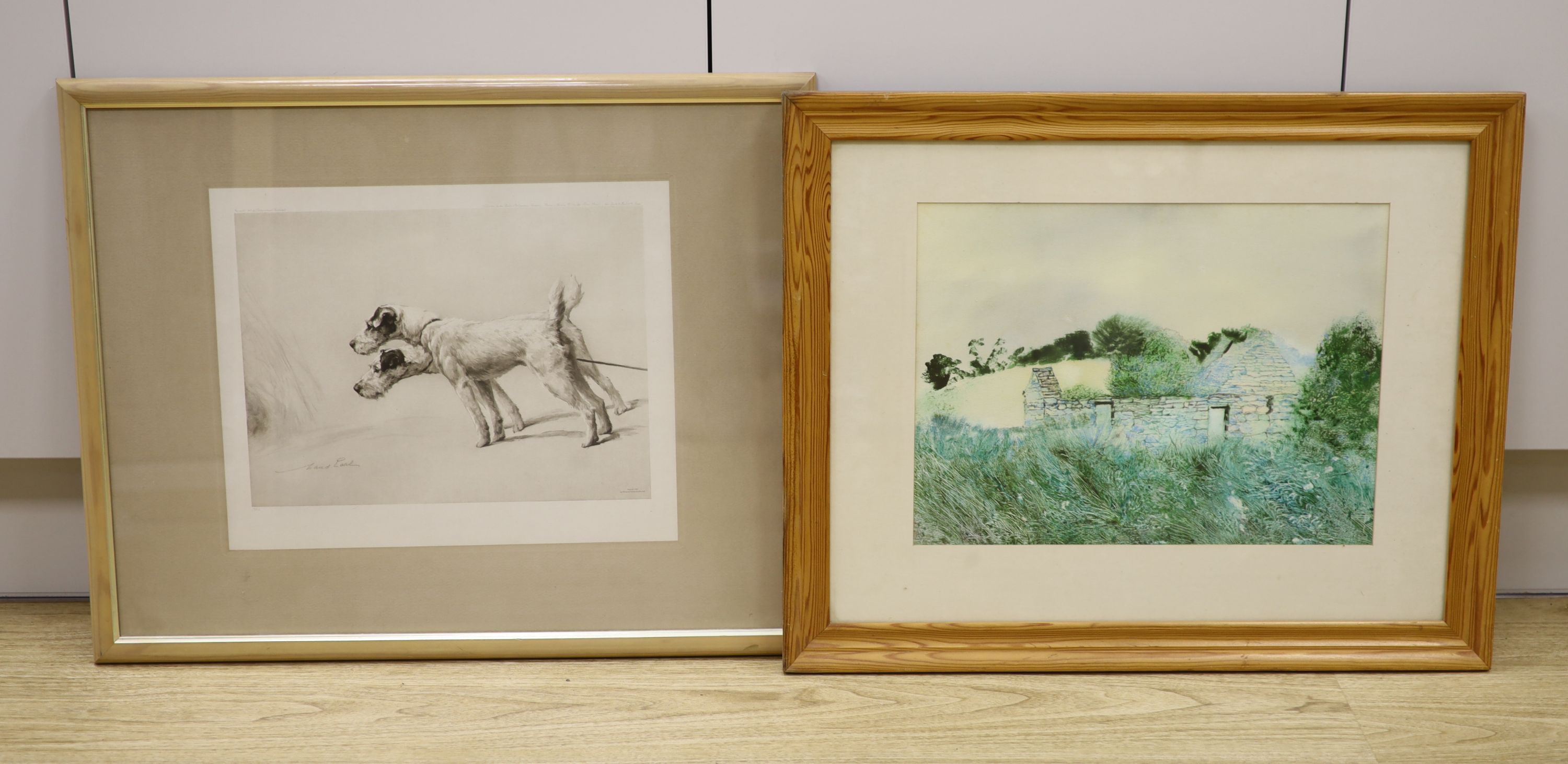 Philip Crenell, mixed media, Ruin at Drummonread, 28 x 37cm, and a Maud Earl print of terriers